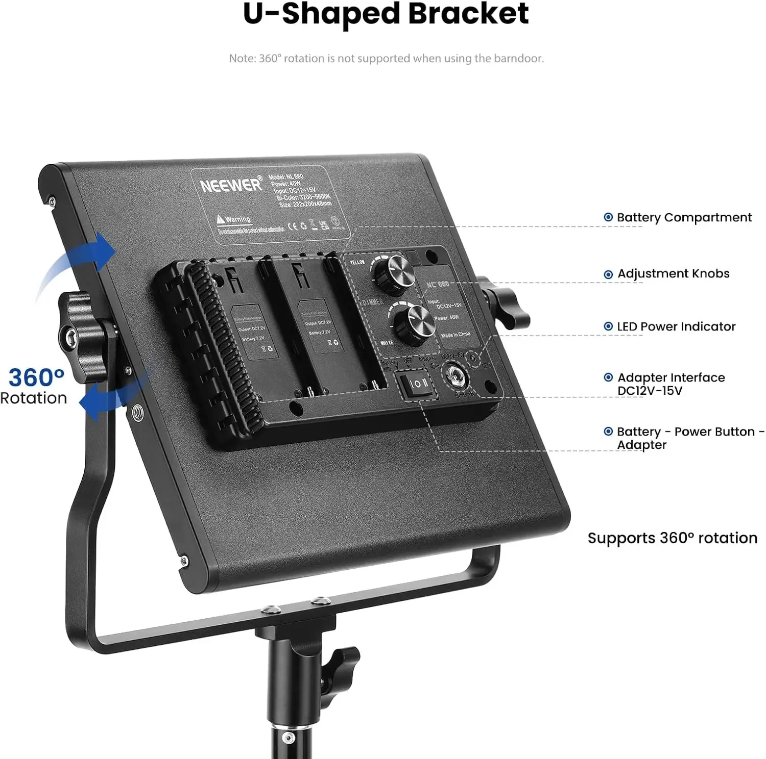 Kit de luz de vídeo e suporte LED Bi Color 660 de 2 pacotes: (2) 3200-5600K CRI 96+ luz regulável com suporte em U e barndoor, (2)