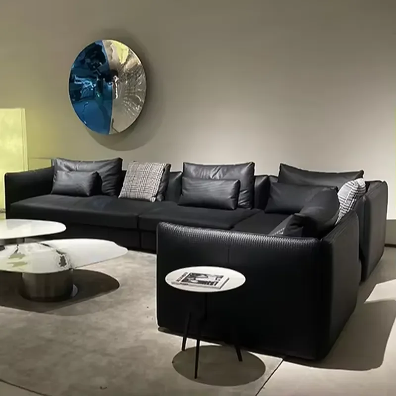 High-end Custom All-leather Sofa Genuine Leather Italian Minimalist Straight Row Black Sofa for Living Room&apartment