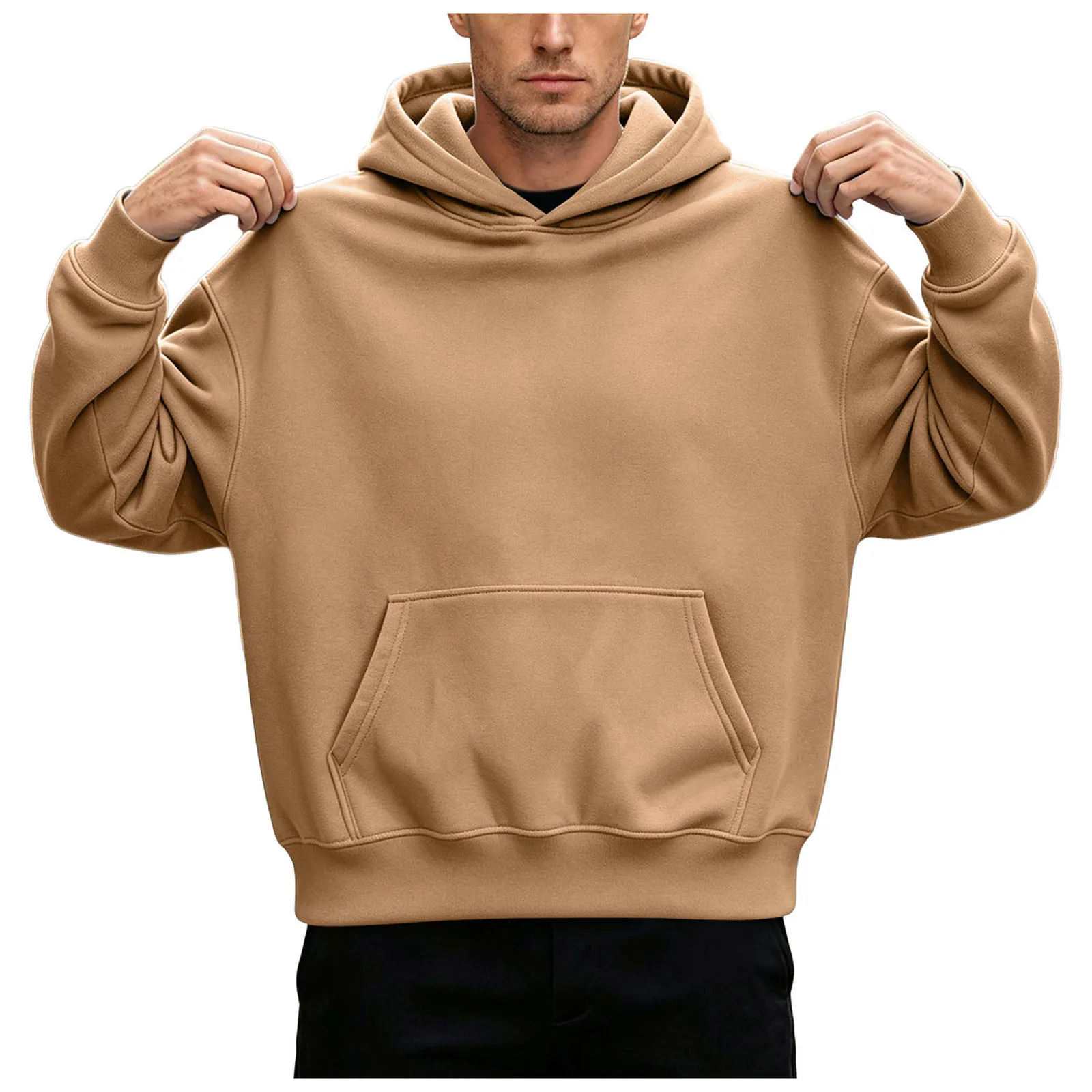 Basic Warm Fleece Hoodie Men's Sweatshirt Design Drop Shoulders Solid Color Trendy Versatile Loose Top Regular Fir Sweatshirts