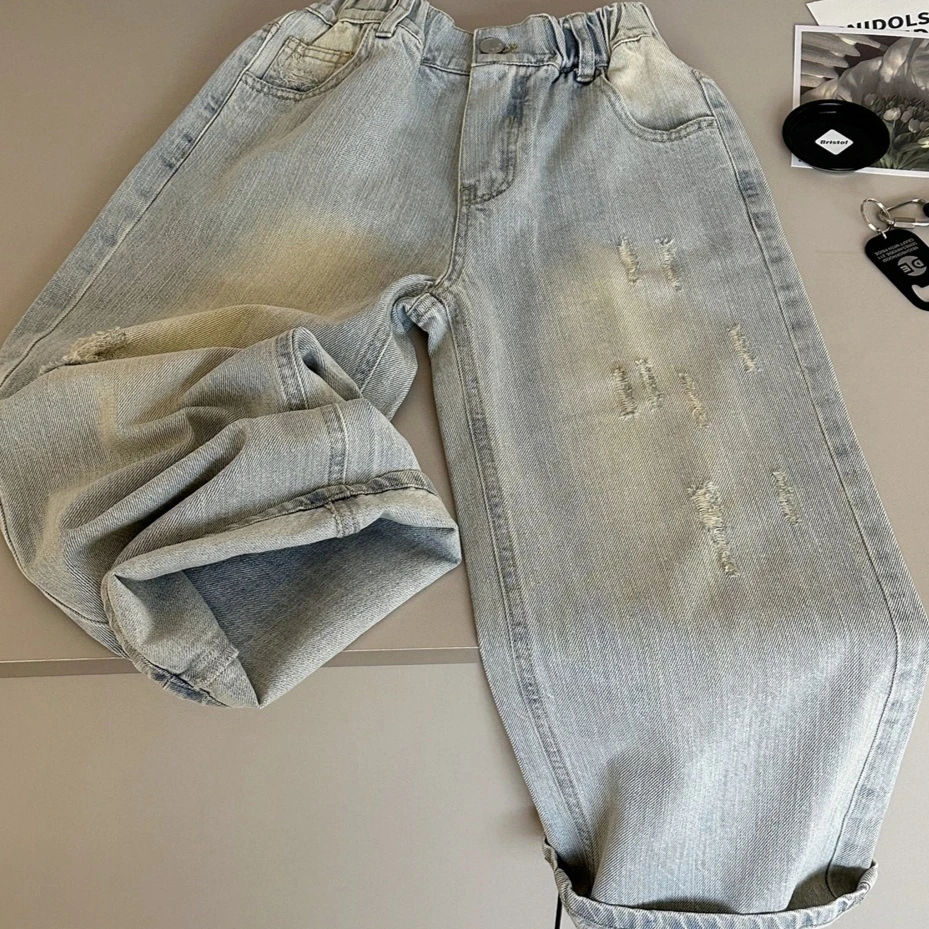 

Boys Pants 2026 Spring and Summer New Childrens Clothing Korean Style Boys and Girls Bamboo Break Hole Western Style Jeans