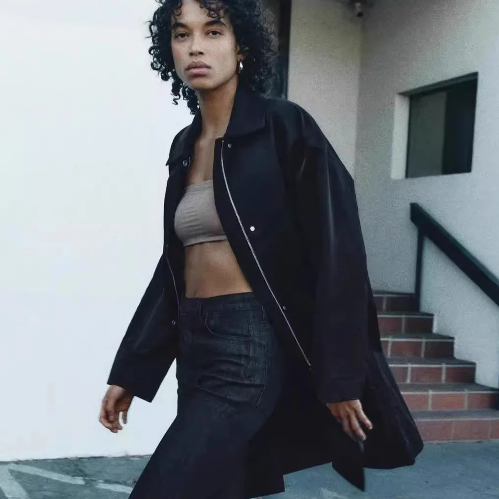 

Metallic Zipper Collar Midi Windbreaker Long Sve New Arrival Autumn Women's Faion Outerwear Simple Loose Sle
