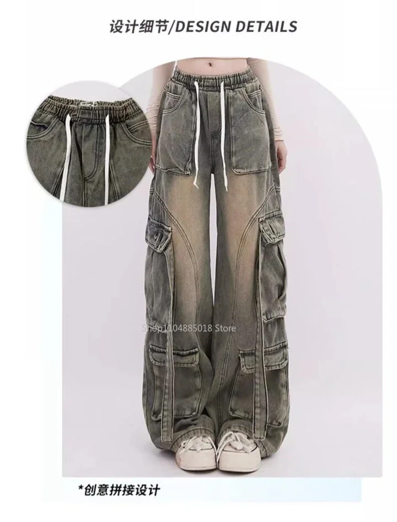 Streetwear Harajuku Y2k Vintage Cargo Jeans Women American Retro 2000s Baggy Wide Leg Denim Trousers Trashy Cargo Pants