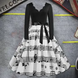 Black Music Note Print Vintage Dress Women Robe Pinup Sexy V Neck Rockabilly Halloween Costumes Party Dresses Vestidos Gothic