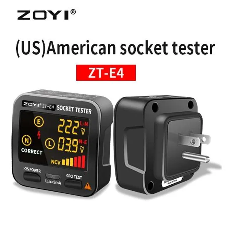 ZOYI ZT-E4 Outlet Tester with LCD Color Screen 3-Wire AC 220V Circuit Breaker Finder Tool Receptacle Tester with Voltage Tester