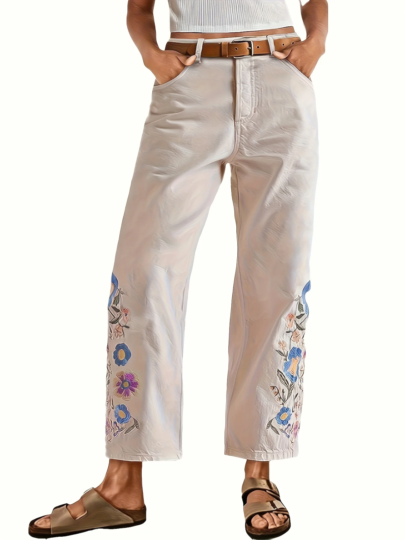 Dżinsy damskie, amerykański styl retro, haftowane kwiaty, dżinsy z wysokim stanem, luźne, proste nogawki, uniwersalne na co dzień (pasek nie jest dołączony)