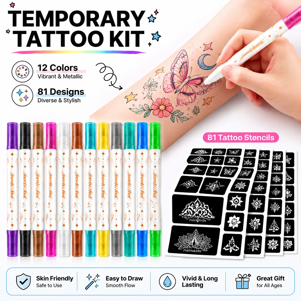 Temporary Tattoo Markers 12 Color Dual-Tip Body Marker Pens with 81 Designs Tattoo Stencils Kit Body Art DIY Tattoo Accessories