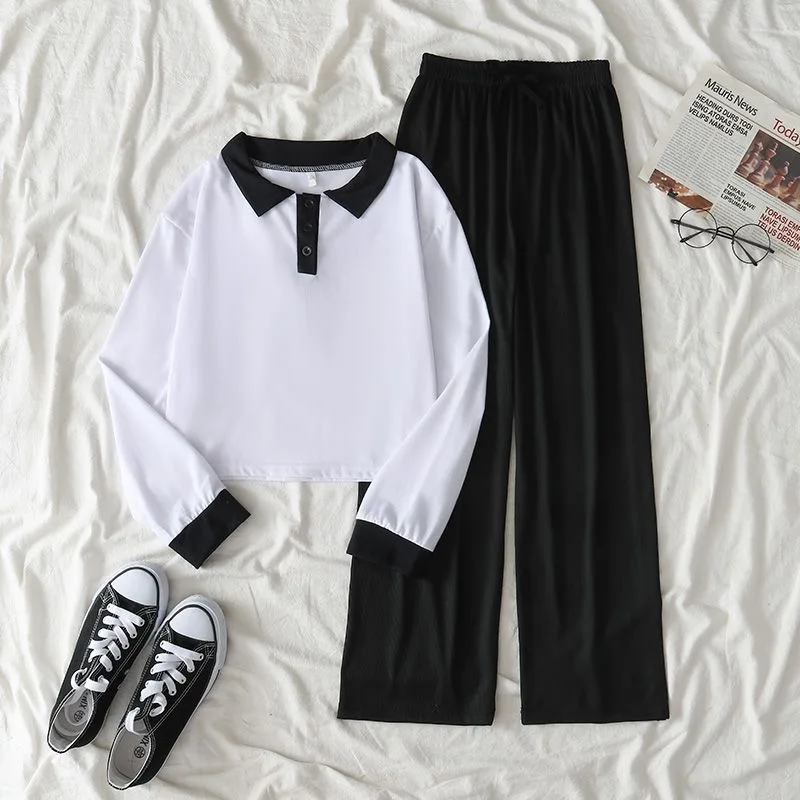 Spring Autumn Girls Clothing Sets Children New Fashion Lapel Sweatshirt + Wide Leg Pants 2Pcs Kids Tracksuit 4 5 6 7 8 9 10 Year