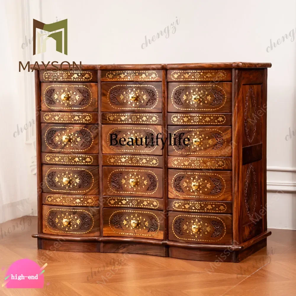 British multi-bucket storage solid wood copper decoration carved drawer living room entrance large capacity chest