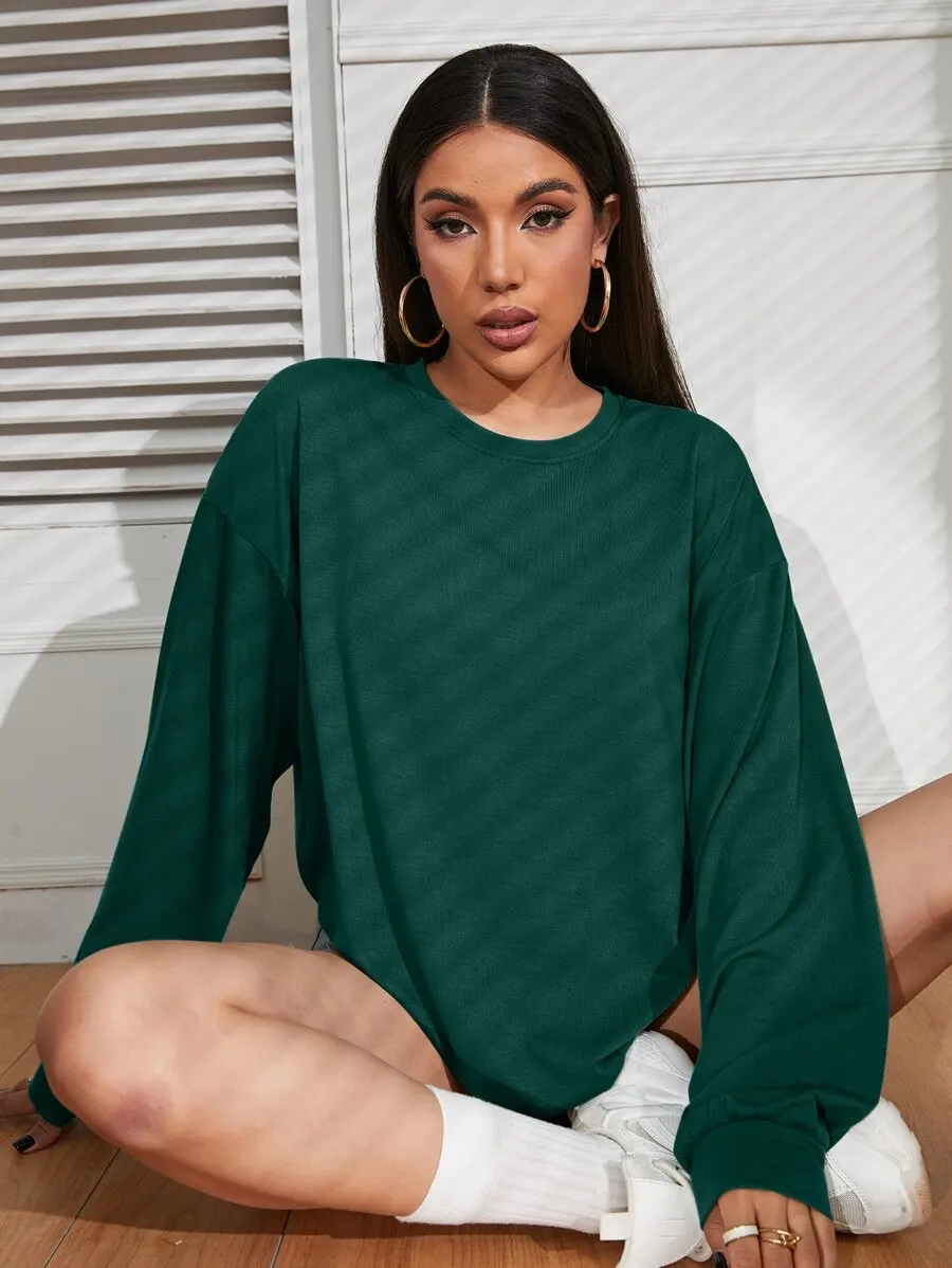 

Oversized Drop Shoulder Solid Long Sleeve Tee for Women