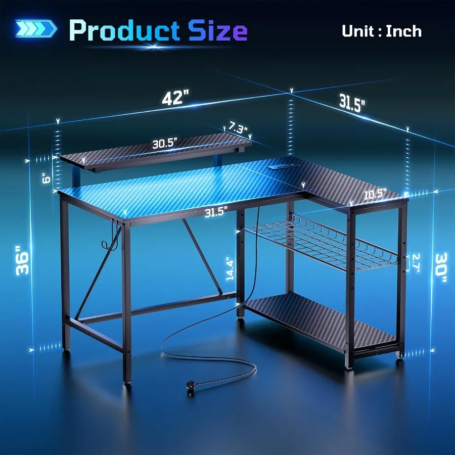 مكتب ألعاب 42 على شكل حرف L مع منافذ طاقة مدمجة وإضاءة LED محيطة وأرفف تخزين قابلة للعكس وخطافات حائط لـ Compac