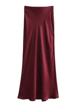 AOSSVIAO 2024 Frauen Mode Satin Solide Plissee Midi Rock Vintage Mittlere Elastische Taille Weibliche Chic Dame Röcke