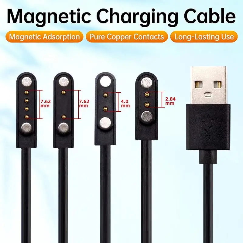 Universal 2Pin 4mm 7.62mm 4Pin Strong Magnetic Charge Cable USB Charging Line Cord Black White For Smart Watches