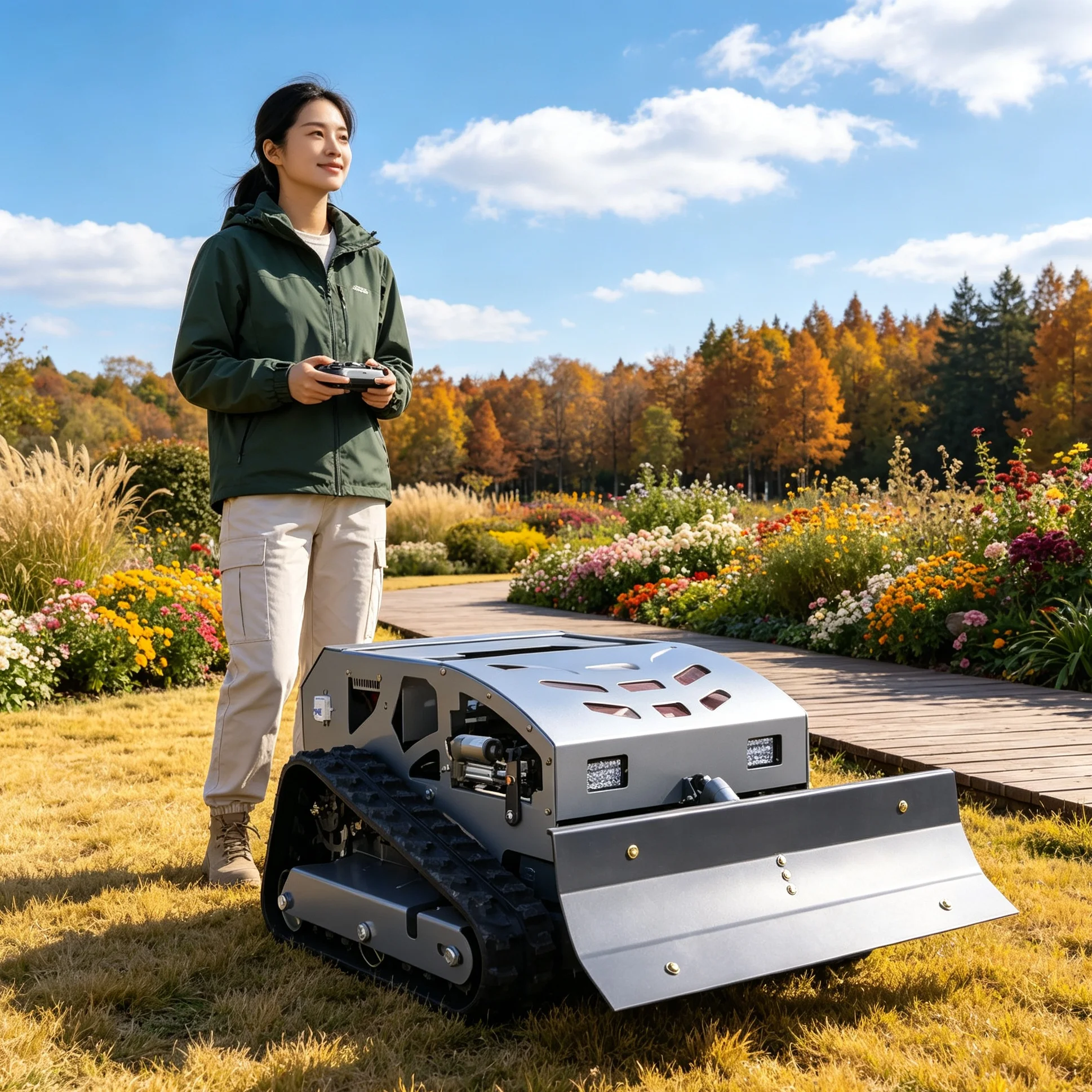 Customized for villa courtyard 550H tracked self‑propelled lawn mower, compatible snow shovel kit, remote‑control operation