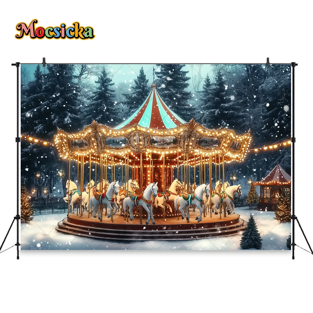 Christmas Dream Carousel Background Photography for Winter Kids Photos Night Forest Snowflake Backdrop Outdoor Wonderland Photo