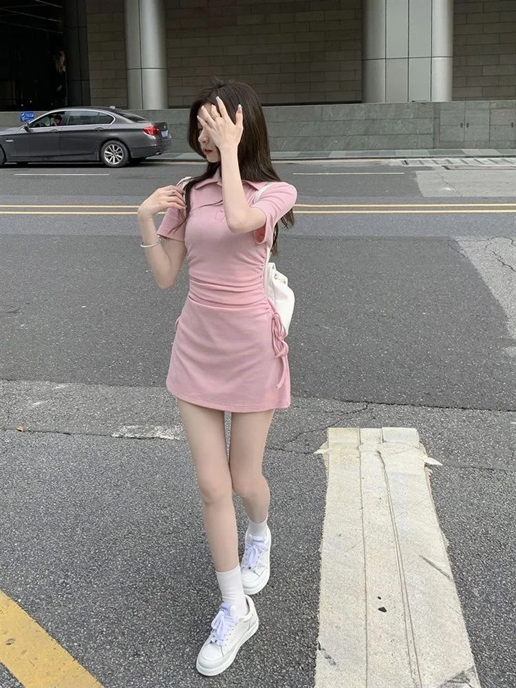 Nuomici coreano popular feminino verão mini vestido rosa polo pescoço doce cordão cinta fino ajuste vestido de manga curta vestuário de golfe