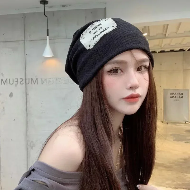 2023 Fashion Letter Pile Hat Woolen Knitted Cap Japanese Retro Women\'s Bonnet Solid Colors Soft Skullcap For Girls Wool Beanies