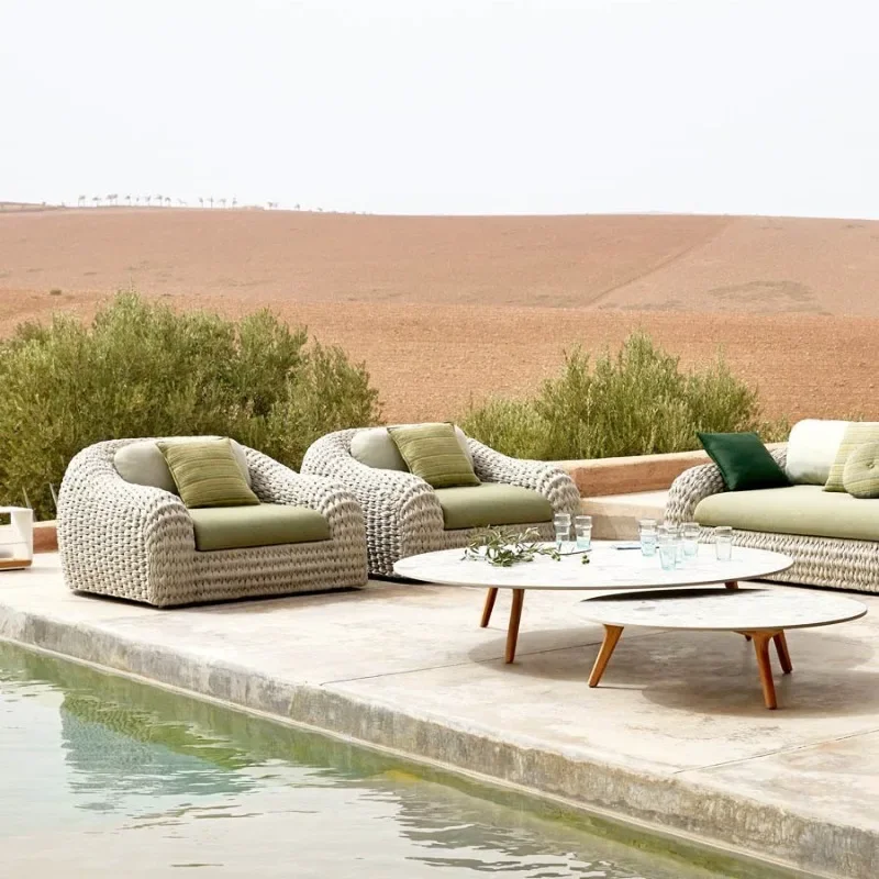 Outdoor rattan sofa combination open-air bed and breakfast villa hotel large flat floor living room courtyard leisure