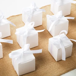 100PCS White Brown Gift Candy Box Bulk with White Ribbon Party Favor Box DIY Candy Chocolate Gift Box for Wedding Birthday