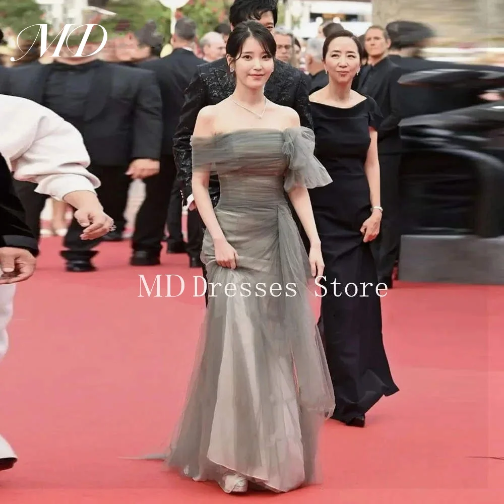 

MD Elegant grey Sheath Evening Gown Tulle Fairy Trumpet Sleeveless Off The Shoulder Special occasion customised Prom Gown 2025