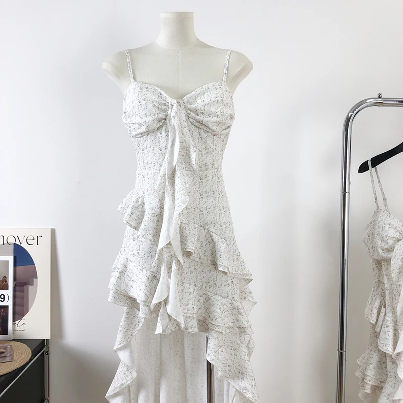 Sukienki letnie damskie w stylu koreańskim, eleganckie sukienki na ramiączkach spaghetti, sukienki imprezowe z nadrukiem, długie sukienki plażowe, asymetryczne sukienki letnie.