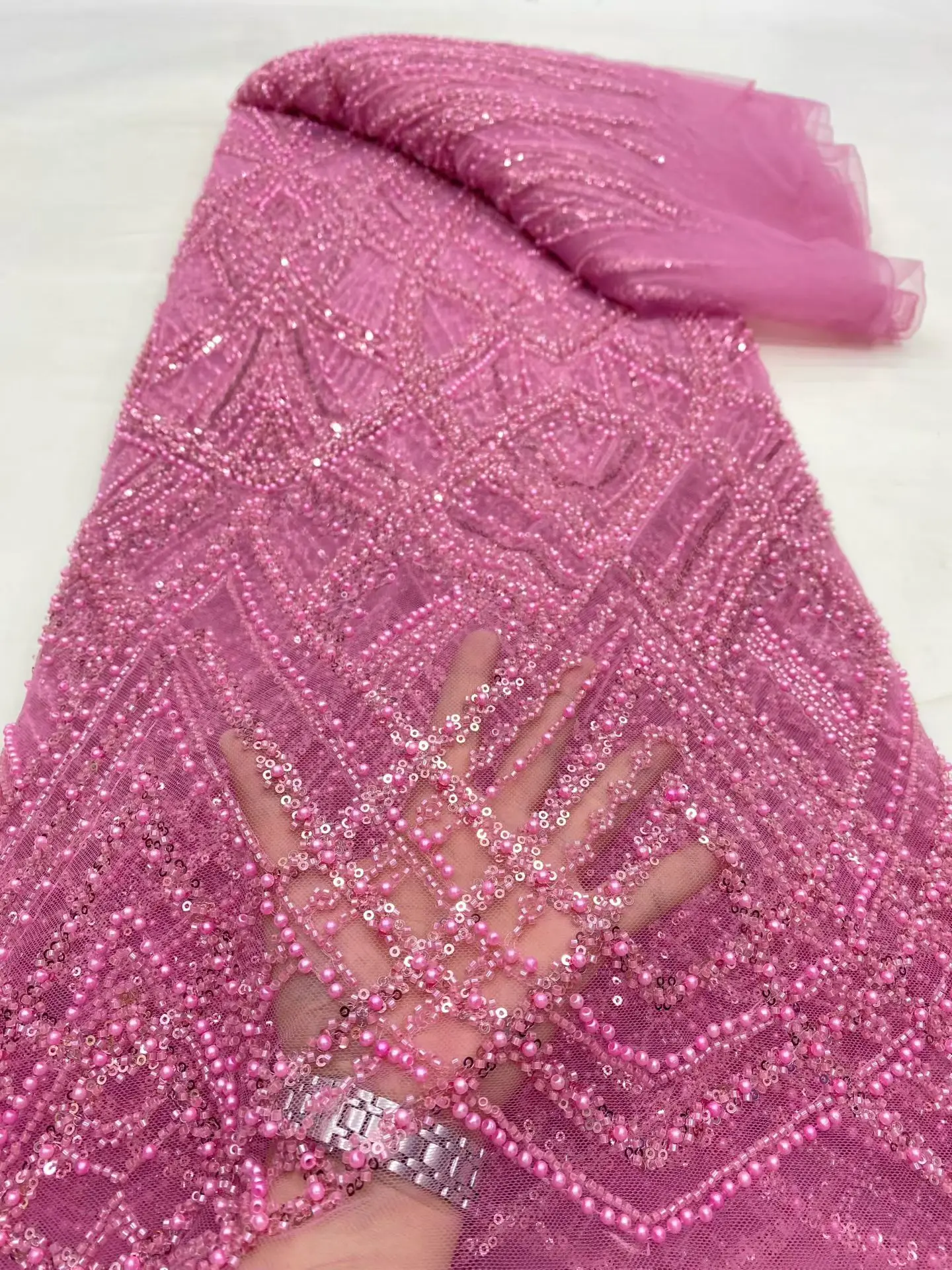 

African & French Lace Fabric Per Meter,5Yard Pink Mesh Tulle Fabrics With Sequin & Beaded, Suitable For Wedding Dresses Design