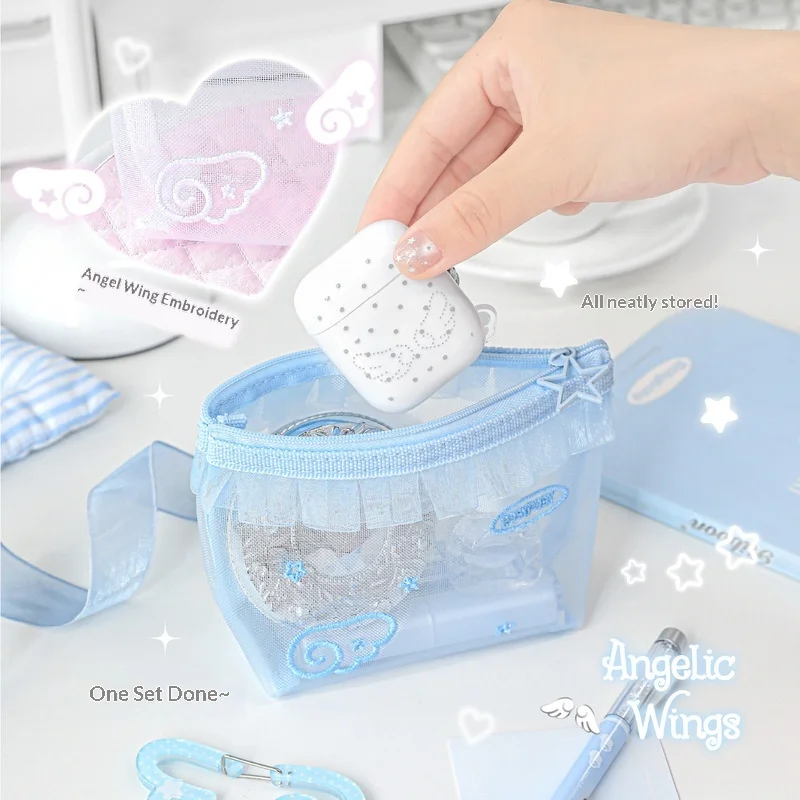 RosyPosy Angel Wing Embroidery Lace Mesh Pouch Cute Multi Purpose Storage Bag For Primary School Students Subject Classification