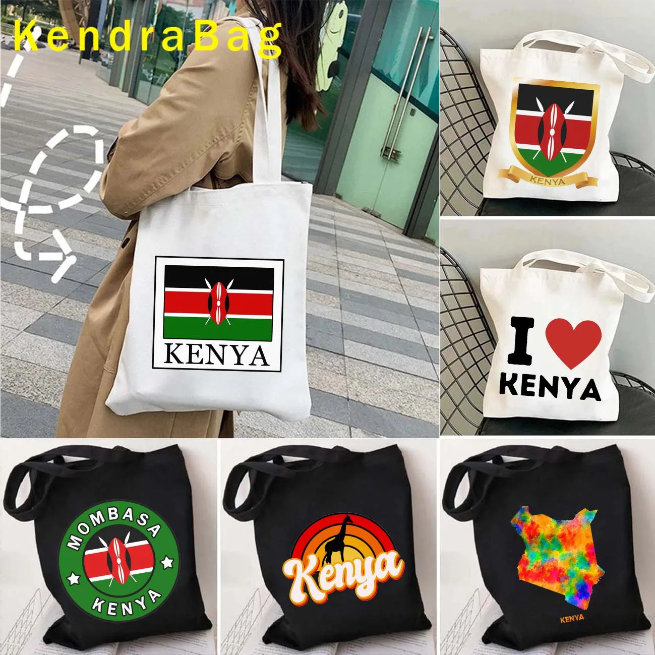 

Kenya Coat of Arms Flag Map Retro Giraffe Kenya Landscape Kenyan Girl Love Heart Canvas Shoulder Tote Bag Shopper Cotton Handbag