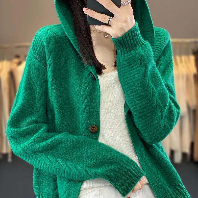 100% Merino Wool Hooded Cardigan Autumn/Winter Long Sleeved Solid Color Korean Fashion Loose Casual Knit Sweater Jacket To