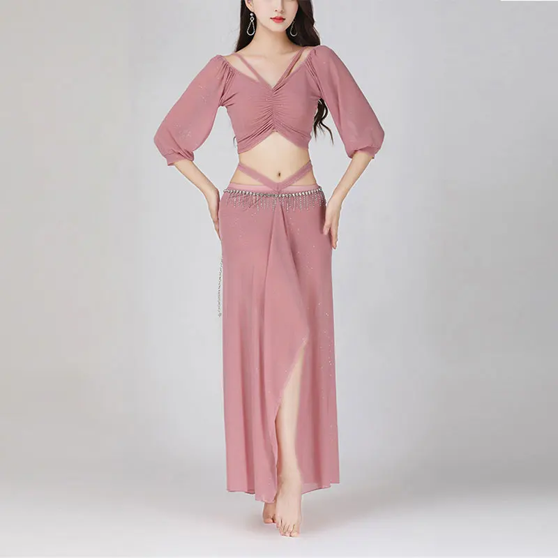 2024 Women Belly Dance Lesson Wear Set Top Elegant Shirt Oriental Adult Practice Clothes Female Dancing Dancewear Performance