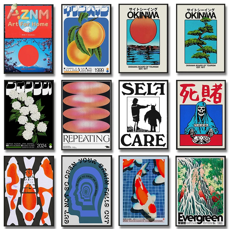 

Настенный холст AZNM с японским пейзажем Окинавы, винтажный постер с изображением горы Фудзи, карпа кои и скелета рыбака, минималистичный дизайн