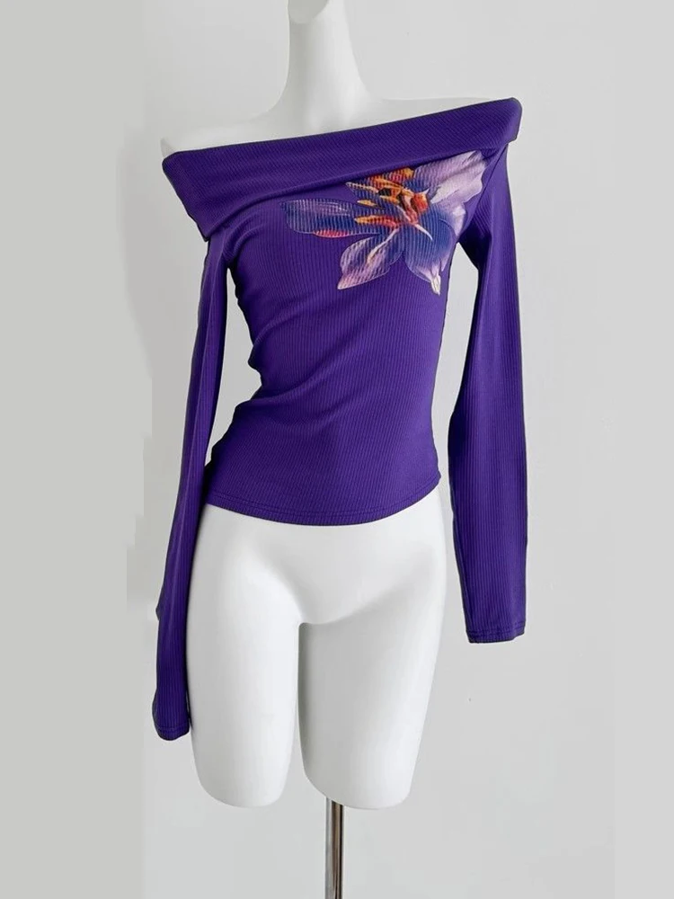

One shoulder floral print long sleeved sweater for women with a niche autumn design, irregular hem, off shoulder knit top