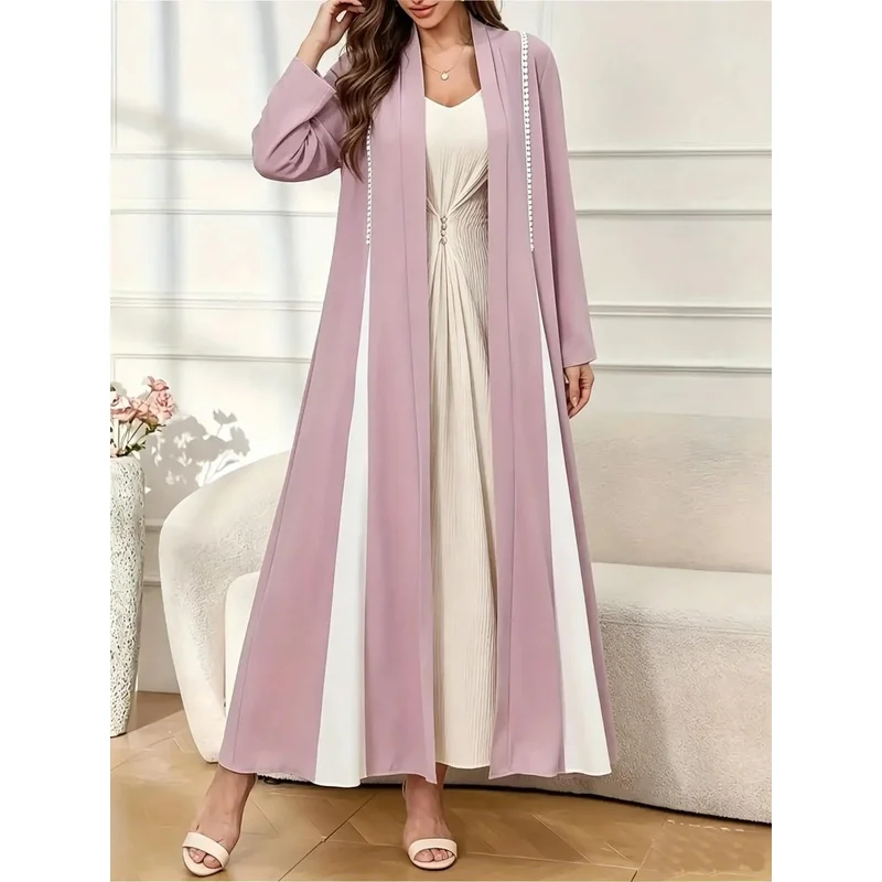 Elegant Color Block Open Front Dress Long Sleeve Extra Long Muslim Robe Women's Plain Surface Unlined Non-Vest Clothing