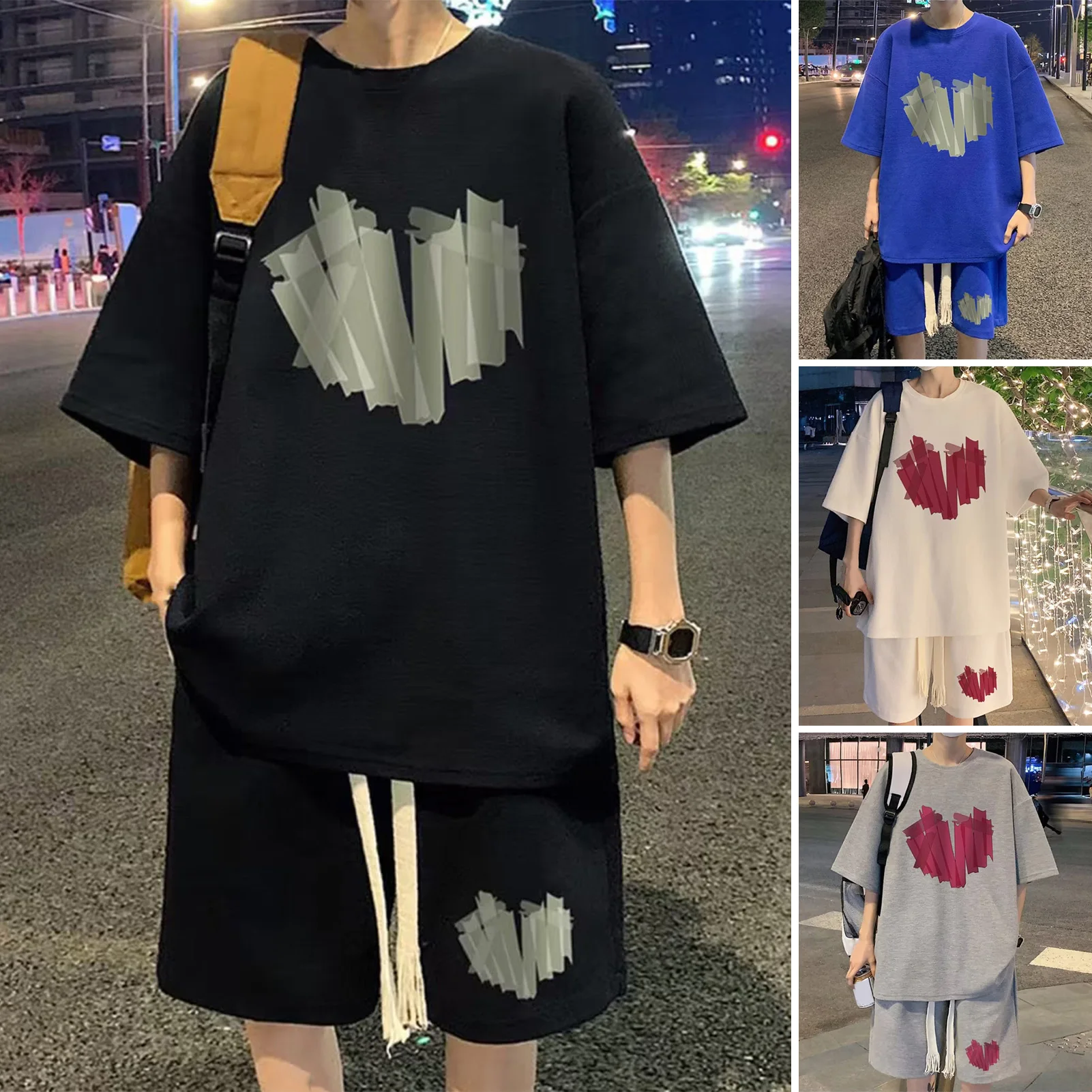 남성용 심플 포켓 티셔츠 반바지 세트, 무릎 길이 바지 투피스, 여름 운동복, 젊은 스타일 티셔츠 반바지 세트