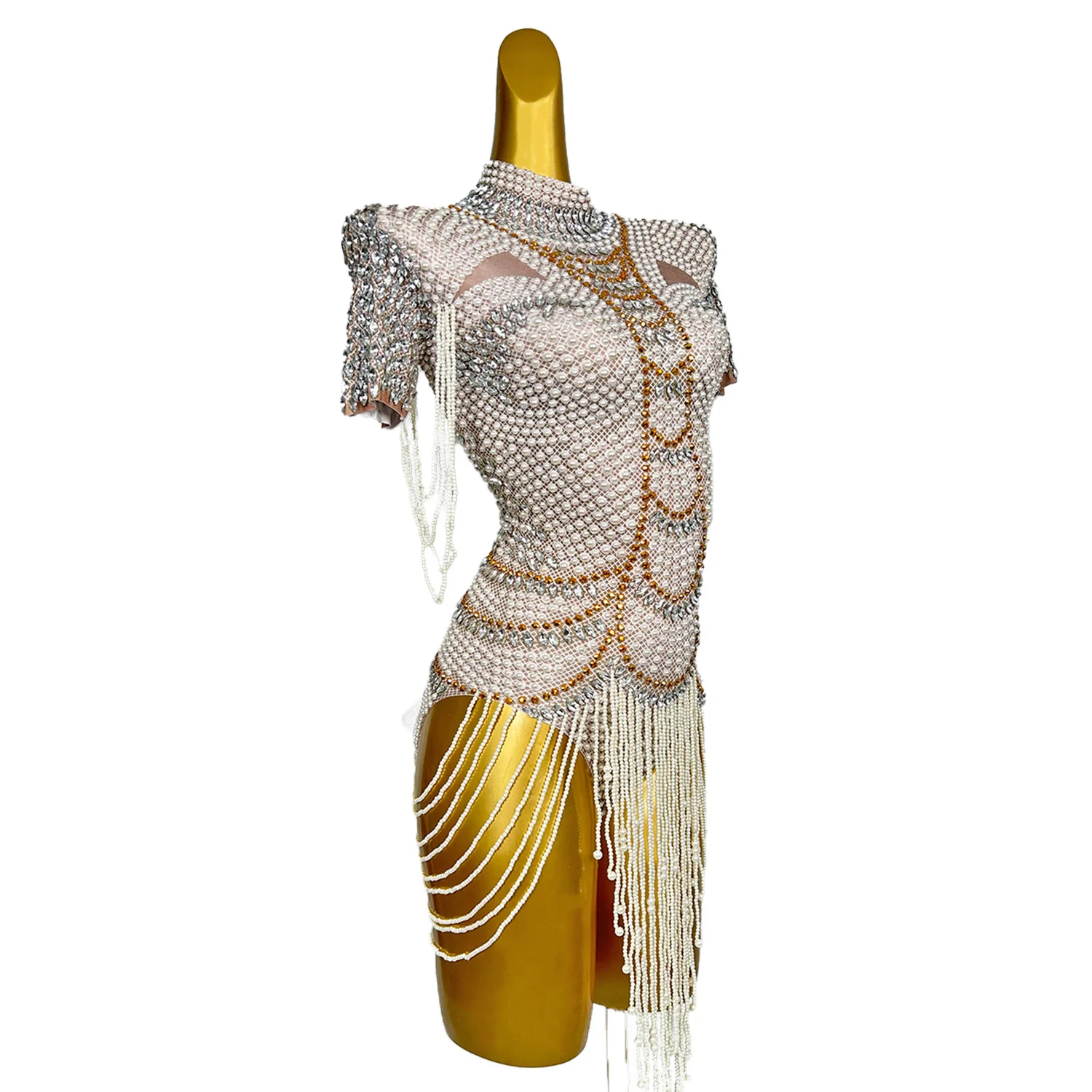 Luxury Crystal Pearl Tassel Banquet Jumpsuit Dancer Stage Performance Costume Women Short Sleeve Tight Mini Bodysuit Xiangya