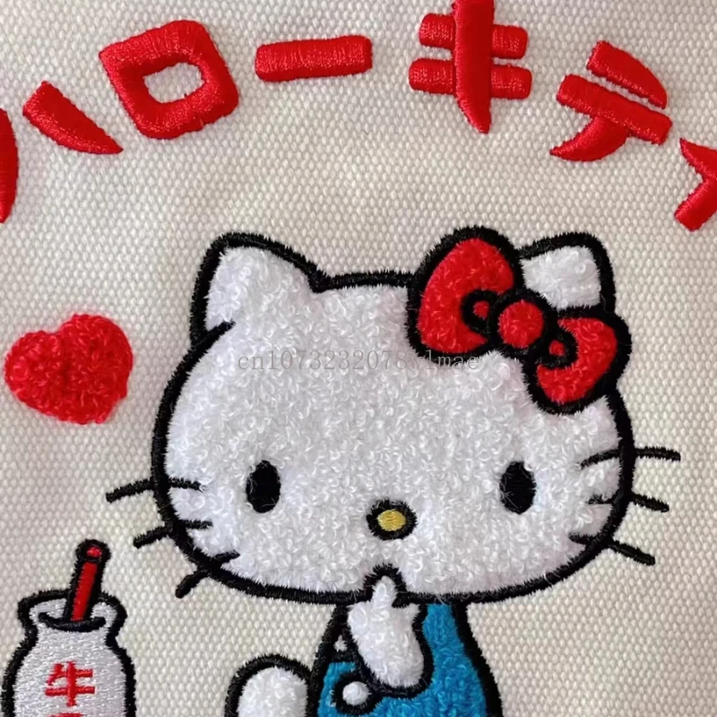 Bolsa de lona bordada Hello Kitty para mulheres, desenhos animados, grande capacidade, sacola de compras, bolsa de ombro portátil, presente para