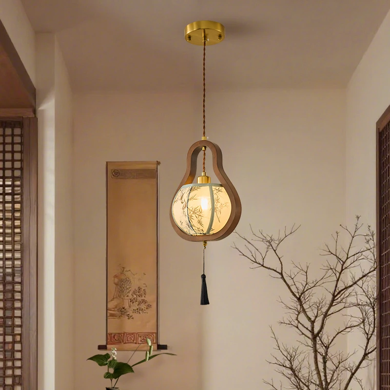 

Medieval Aesthetics Bedroom Bedside Pendant Lights LED Fabric Lampshade Zen Teahouse Study Entrance Aisle Log Wind Hanging Lamps