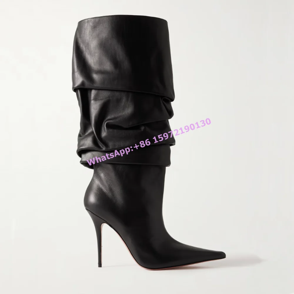 Black Pleated Knee High Boots Sexy Multi-Layer Pointy Toe Thin Heels Slip On Fashion Hotties Dress Shoes Winter Sexy Long Boots