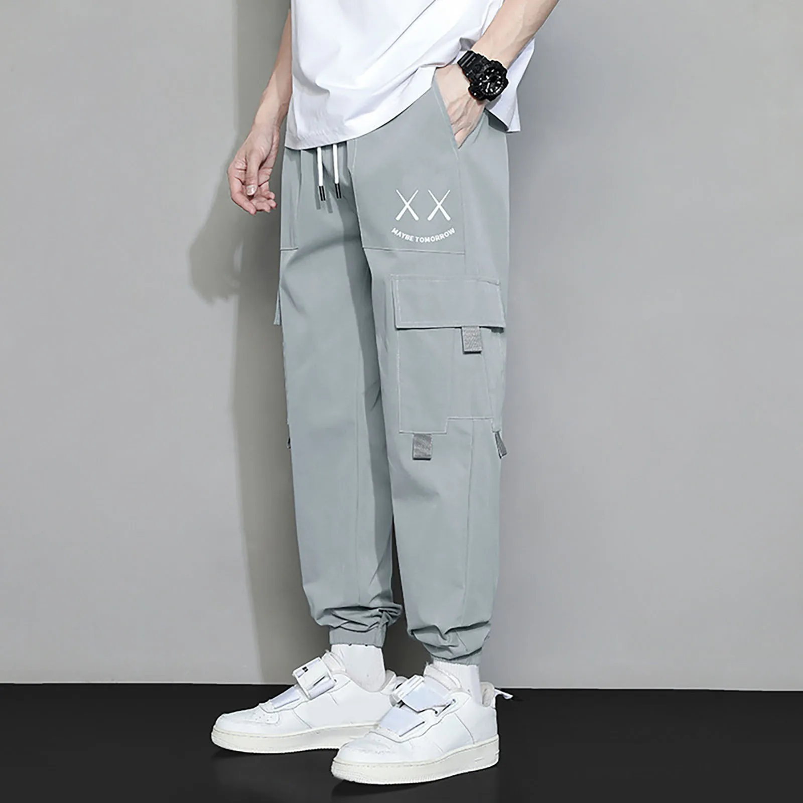 Men'S American Casual Cargo Long Pants Solid Color Multi-Pocket Fashion Loose Pants Trend All Match Comfortable Casual Pants