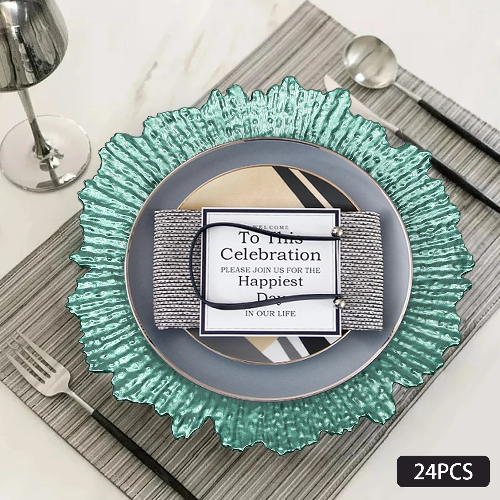 

24 упаковки 12,6 дюймов, круглые пластиковые тарелки для зарядного устройства, посуда, декоративные тарелки с зеленым рифом, для декора свадебной вечеринки, банкета