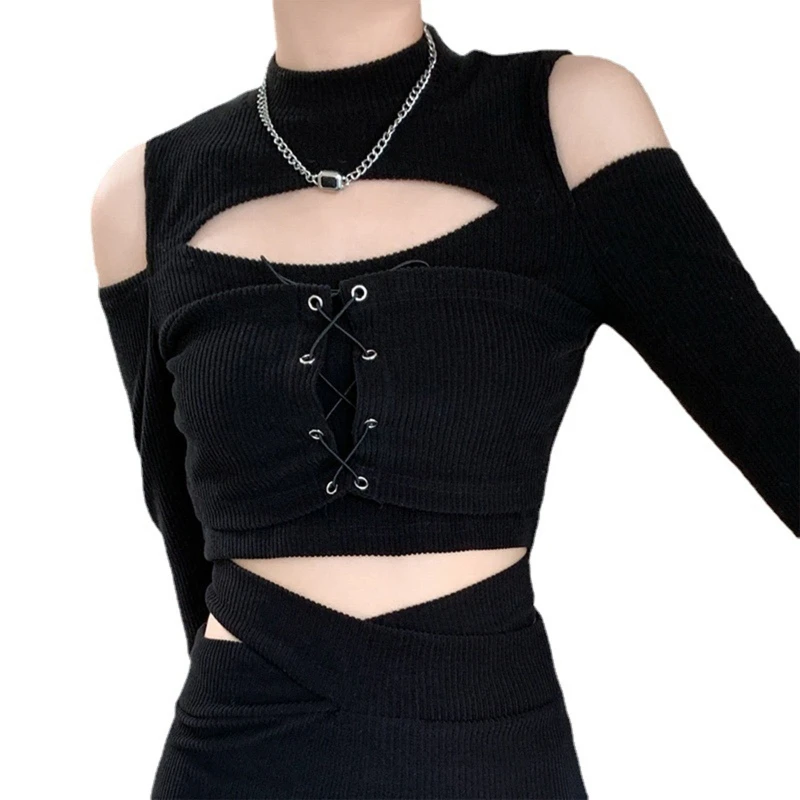 ผู้หญิงเซ็กซี่ Cutout แขนยาวเสื้อยืดคอเต่าไหล่เย็น LACE-Up Crop TOP