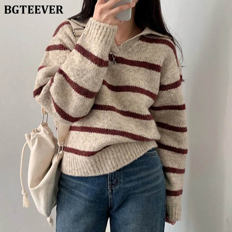 BGTEEVER Casual Warm Loose Turn-down Collar Female Striped Knitted Pullovers Autumn Winter Long Sleeve Women Sweaters Jumpers