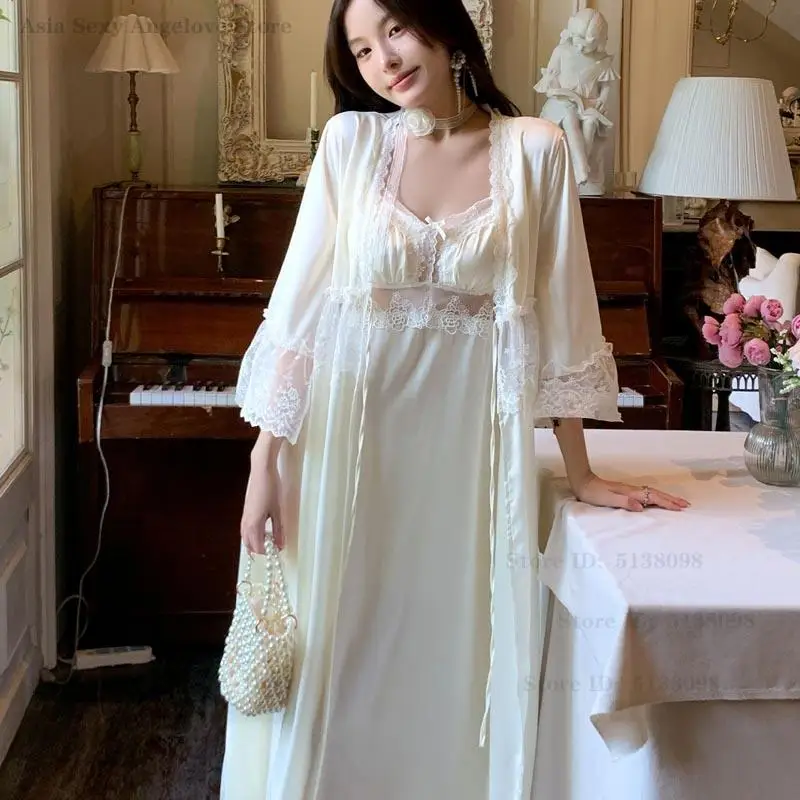 

Female Sexy Nighty&Robe Set French Princess Style Sleepwear Suspender Nightdress Lingerie Lace Patchwork Bathrobe Home Dress