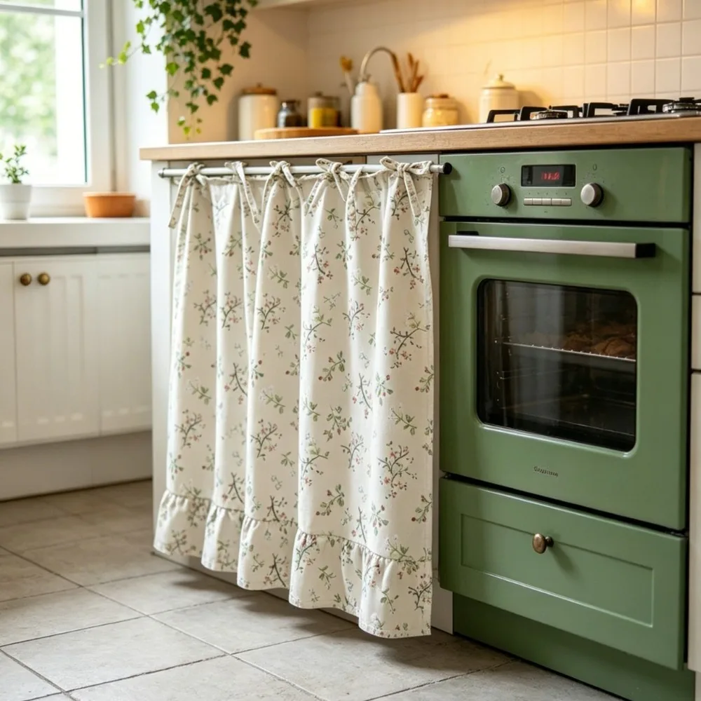 Ruffled Edge Farmhouse Plaid Kitchen Oven Skirt No Drilling Cotton Kitchen Cabinet Curtain with Tie Ribbon Half Door Curtain