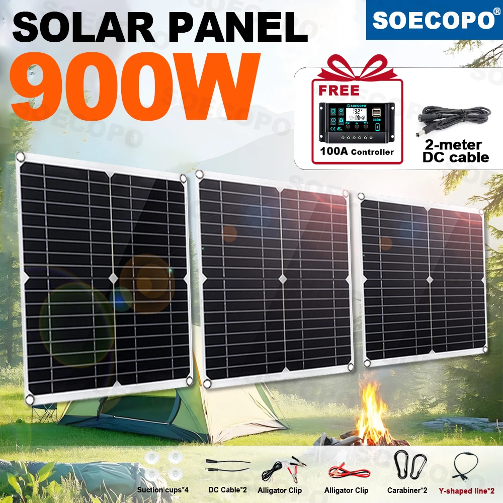 

SOECOPO 900W (Free 100A Controller) Portable Solar Panel Kit - 3*300W Panels Dual USB 5V Camping Equipment Power Supply