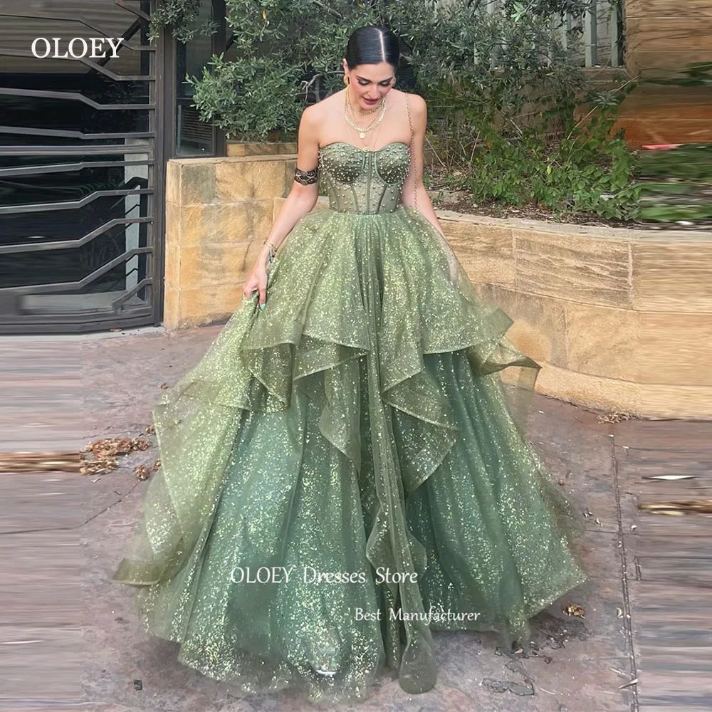 

OLOEY Sparkly Green Tulle Long Evening Dresses Dubai Arabic Women Sweetheart Shiny Prom Gowns Formal Party Dress Long Vestidos