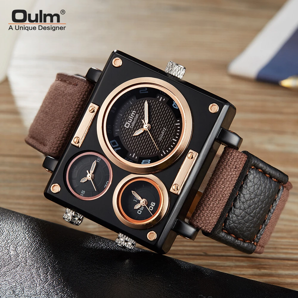 Oulm Watch Luxury Brand Men Fabric Srap Quartz Watch Clock Male Multiple Time Zones Square Sports Watches relogio masculino