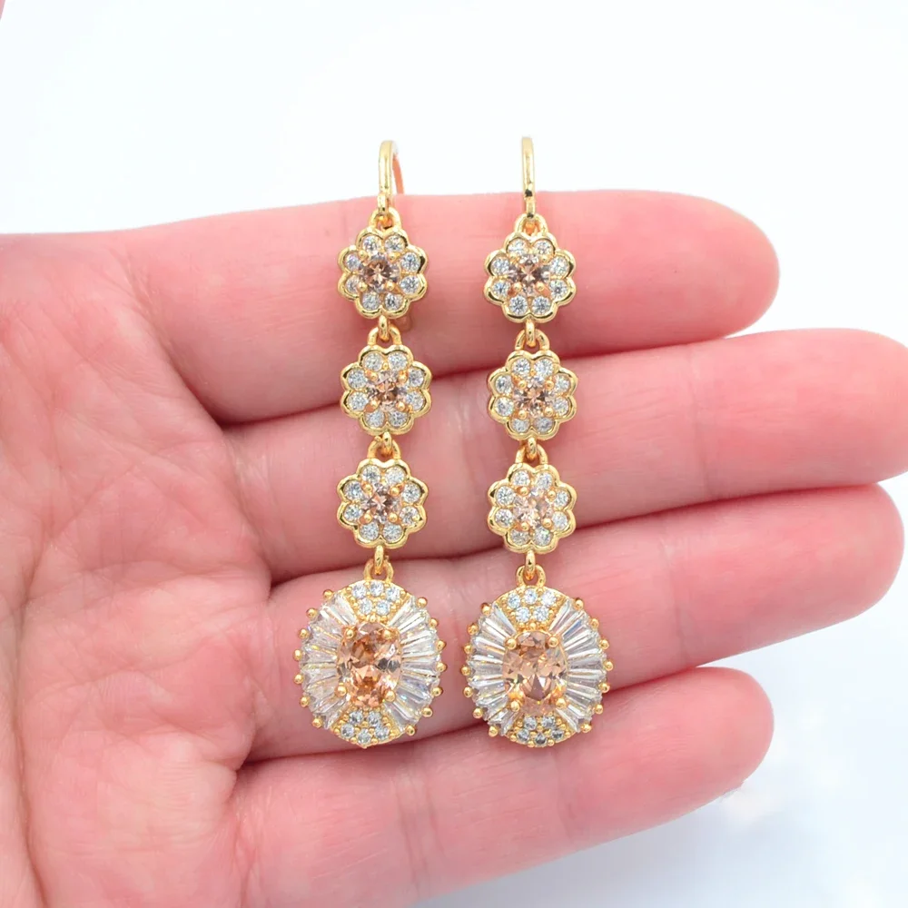 Fashion Gold Color Luxury Purple Zircon CZ Long Oval Dangle Wedding Earrings Jewelry