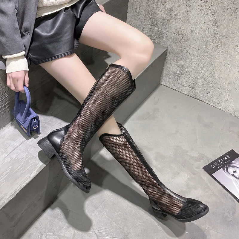 

Mesh Material Hollowed-Out Breathable Summer Knee-High Boots Round Toe Low-Heeled Non-Slip Light Sweet And Cool Women's Boots