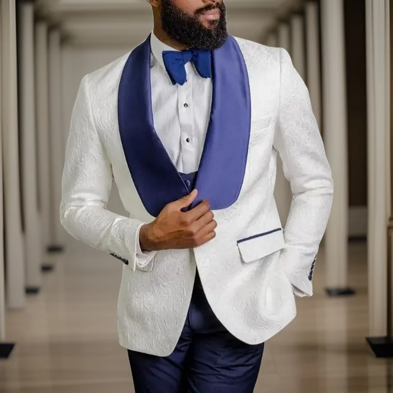 

Formal Men Suits for Wedding Slim Fit 3 Pieces Groom Tuxedo Blue Shawl Lapel Floral Pattern Custom Fashion Jacket Vest Pants