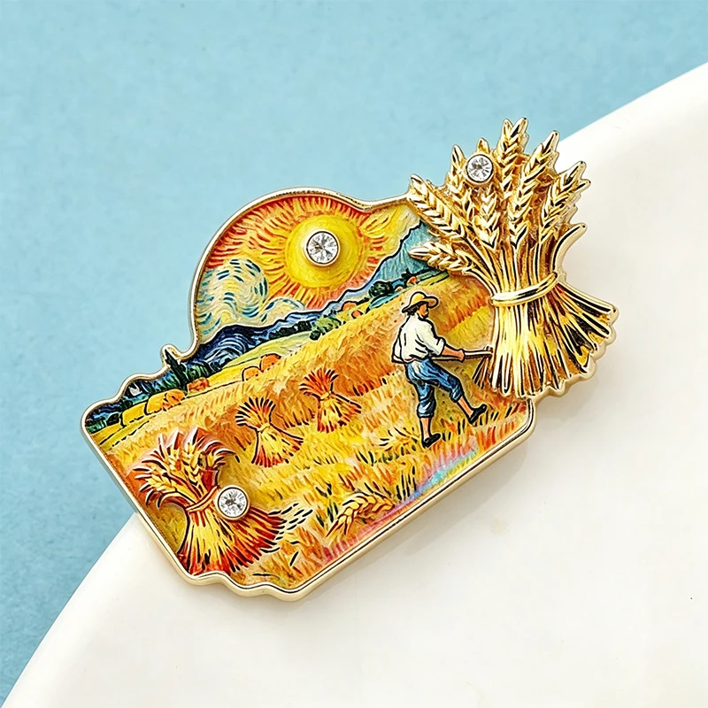 Famous Picture Brooches The Harvest And Wheat Field with Cypresses Photo Party Brooch Pins For Women Unisex Pins Gifts view 2
